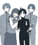  1girl 3boys ahoge blush brothers fate/zero fate_(series) gakuran homurahara_academy_uniform long_hair matou_byakuya matou_kariya multiple_boys ronpaxronpa school_uniform short_hair siblings smile tohsaka_aoi tohsaka_tokiomi v younger 