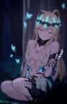  1girl ahoge blonde_hair body_markings breasts bug butterfly butterfly_wings chest_tattoo choker closed_eyes commission forest grass headpiece insect jewelry nature original shibasaki_shouji sitting skeb_commission sleeping small_breasts solo tattoo tree wings 
