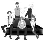  1girl 4boys brothers family fate/stay_night fate/zero fate_(series) father_and_son hair_ribbon hood long_hair matou_byakuya matou_kariya matou_sakura matou_shinji matou_zouken monochrome multiple_boys necktie ribbon ronpaxronpa short_hair siblings sitting skirt smile suspender_skirt suspenders sweater time_paradox uncle_and_niece vest wavy_hair 