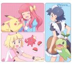  1boy artist_name ash_ketchum bangs black_hair blonde_hair blue_dress blush bow closed_mouth crossdressing dress gen_1_pokemon gen_4_pokemon hair_bow hands_together hands_up hat holding holding_tray long_hair long_sleeves looking_back male_focus mei_(maysroom) neck_garter open_mouth otoko_no_ko pikachu pink_hair poke_ball poke_ball_(basic) pokemon pokemon_(anime) pokemon_(creature) pokemon_bw_(anime) pokemon_dp062 pokemon_dppt_(anime) pokemon_sm068 pokemon_sm_(anime) rotom rotom_dex short_sleeves smile teeth tongue tray turtwig yellow_bow |d 