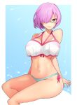  1girl absurdres bare_shoulders bikini bikini_bottom bikini_top black-framed_eyewear blue_background breasts fate/grand_order fate_(series) feet_out_of_frame glasses hair_over_one_eye highres large_breasts mash_kyrielight navel open_mouth parted_lips purple_hair seino_(sasakike1305) simple_background sitting smile solo stomach swimsuit swimwear thighs 