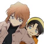  2girls bangs black_hair black_shirt blue_eyes brown_coat brown_hair child closed_mouth coat commentary dutch_angle eyebrows_visible_through_hair frown green_eyes haibara_ai hair_between_eyes hairband hand_on_another&#039;s_arm highres looking_at_viewer meitantei_conan multiple_girls niina_1oo9 open_clothes open_coat open_mouth orange_shirt parted_bangs protecting serious shirt short_hair signature simple_background tearing_up turtleneck white_background yellow_hairband yoshida_ayumi 