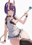  1girl adapted_costume alternate_costume apron bob_cut breasts enmaided eyeliner fate/grand_order fate_(series) highres horns maid maid_apron maid_headdress makeup oni oni_horns oni_noodle pointy_ears purple_eyes purple_hair short_hair shuten_douji_(fate) sideboob small_breasts smile solo wide_hips 