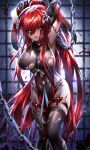 1girl arms_up bangs been black_gloves black_legwear black_panties blood blood_splatter blurry blurry_foreground breasts chain elbow_gloves elesis_(elsword) elsword eyebrows_visible_through_hair floating_hair garter_straps gloves hair_between_eyes high_ponytail highres large_breasts long_hair looking_down open_mouth panties red_hair restrained shiny shiny_hair sideboob solo standing thighhighs torn_clothes torn_legwear underwear v-shaped_eyebrows very_long_hair yellow_eyes 
