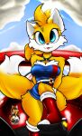 2021 anthro blep blue_eyes boots breasts canid canine cjweasle clothing cloud crossgender day dipstick_tail female footwear fox fur hi_res lens_flare mammal miles_prower multicolored_tail signature solo sonic_the_hedgehog_(series) tongue tongue_out video_games white_body white_fur yellow_body yellow_fur 
