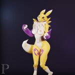  3_fingers abstract_background anthro black_sclera blender_(software) blue_eyes breasts butt claws digimon digimon_(species) female fingers fur hi_res invalid_tag neck_tuft nipples one_eye_closed peterlangtonsfm renamon smile solo tuft white_body white_fur wink yellow_body yellow_fur 