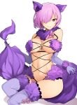  1girl absurdres animal_ears bangs bare_shoulders bow breasts cleavage closed_mouth dangerous_beast elbow_gloves fate/grand_order fate_(series) fur-trimmed_gloves fur-trimmed_legwear fur_collar fur_trim gloves hair_over_one_eye highres knees_up lace-trimmed_legwear lace_trim large_breasts leaning_back light_purple_hair looking_at_viewer mash_kyrielight navel o-ring open_mouth purple_eyes purple_gloves purple_legwear revealing_clothes seino_(sasakike1305) short_hair tail wolf_ears wolf_tail 