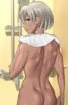  1girl absurdres ass back bea_(pokemon) cowboy_shot dark_skin dark_skinned_female dimples_of_venus dontae from_behind grey_eyes grey_hair gym_leader highres looking_at_viewer looking_back nude parted_lips pokemon pokemon_(game) pokemon_swsh profile shadow short_hair shower_head solo towel 