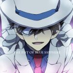  1boy :d bangs blue_shirt brown_hair cape collared_shirt commentary_request copyright_name covered_eyes dress_shirt english_text facing_viewer floating_cape formal hat hat_over_eyes highres kaitou_kid magic_kaito male_focus meitantei_conan monocle monocle_chain necktie niina_1oo9 open_mouth red_neckwear shirt short_hair signature smile solo suit top_hat upper_body white_cape white_headwear white_suit 