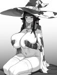  1girl animal_ears animal_print bangs blunt_bangs blush breasts cape covering covering_breasts cow_ears cow_girl cow_horns cow_print ear_tag gloves hat highres horns houtengeki lactation large_breasts long_hair looking_at_viewer navel original seiza sitting swimsuit thighhighs witch_hat 