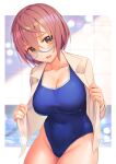  1girl :d bangs blue-framed_eyewear blue_swimsuit blush breasts brown_eyes brown_hair cleavage collarbone collared_shirt commentary_request competition_swimsuit covered_navel cowboy_shot eyebrows_visible_through_hair glasses groin hair_between_eyes hair_ornament hatsukoi_limited highres large_breasts leaning_forward long_sleeves looking_at_viewer one-piece_swimsuit open_clothes open_mouth open_shirt rotix semi-rimless_eyewear shirt short_hair smile solo standing swimsuit thighs watase_meguru water white_background 