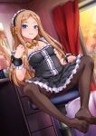  1girl abigail_williams_(fate) akatsuki_shimeji bangs black_dress blonde_hair blue_eyes blush bow breasts brown_legwear detached_collar dress fate/grand_order fate_(series) forehead frilled_hairband frills hair_bow hairband legs long_hair looking_at_viewer pantyhose parted_bangs sidelocks sitting small_breasts smile wrist_cuffs 