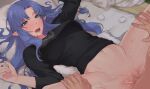  1boy 1girl blue_eyes blue_hair blush bottomless braid caster censored cushion fate/stay_night fate_(series) hetero highres hikichi_sakuya indoors long_hair lying mosaic_censoring navel on_side open_mouth parted_lips pointy_ears sex solo spread_legs thigh_grab tissue vaginal 