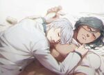  2boys bangs blurry brown_hair can closed_eyes commentary_request danganronpa_(series) danganronpa_3_(anime) depth_of_field grey_hair jacket long_sleeves lying lying_on_person male_focus multiple_boys munakata_kyousuke nipples no-kan on_back parted_lips pectorals pink_eyes sakakura_juuzou shirt_lift short_hair short_sleeves sleeping striped teeth white_jacket yaoi 