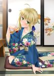  1girl ahoge alcohol artoria_pendragon_(all) blonde_hair blush braid cup drunk eyebrows_visible_through_hair fate/stay_night fate_(series) french_braid green_eyes highres holding holding_cup japanese_clothes kimono looking_at_viewer saber sakazuki sake shirotsumekusa smile solo 