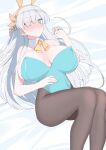  1girl akitokage01 anastasia_(fate) animal_ears blue_eyes blush breasts bunny_ears detached_collar earrings fate/grand_order fate_(series) highres jewelry large_breasts long_hair nail_polish pantyhose playboy_bunny silver_hair solo thighhighs very_long_hair 