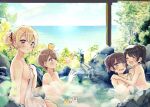  4girls :d ^_^ absurdres animal bird black_hair black_ribbon blush breasts brown_eyes brown_hair bunny chick closed_eyes commentary_request convenient_arm covering day hair_bun hair_ribbon highres horizon huge_filesize medium_breasts multiple_girls nude nude_cover ocean official_art onsen open_mouth outdoors ponytail rainbow ribbon sakura_oriko short_hair smile swing!! towel towel_on_head water wavy_mouth 