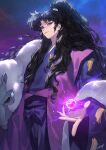  1boy absurdres black_hair black_nails eyeshadow fingernails glowing hakama haori hichi high_ponytail highres inuyasha japanese_clothes kimono long_hair looking_at_viewer magic makeup male_focus naraku_(inuyasha) purple_hakama purple_kimono red_eyes sky solo star_(sky) starry_sky very_long_hair 