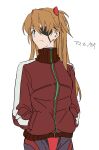  1girl absurdres aqua_eyes brown_hair echigo_mitsutaka evangelion:_3.0_you_can_(not)_redo eyepatch hands_in_pockets headgear highres jacket long_hair looking_to_the_side neon_genesis_evangelion plugsuit rebuild_of_evangelion shikinami_asuka_langley simple_background solo souryuu_asuka_langley standing track_jacket 