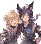  2boys ^_^ ahoge animal_ears arthur_(granblue_fantasy) black_hair blonde_hair closed_eyes granblue_fantasy male_focus minaba_hideo mordred_(granblue_fantasy) multiple_boys official_art open_mouth order_of_the_white_dragon_uniform smile transparent_background upper_body white_day 