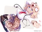  1girl black_footwear black_legwear blonde_hair blue_eyes breasts clenched_teeth clock eyebrows_visible_through_hair fingernails heart holding holding_magnifying_glass hololive hololive_english hong_(white_spider) large_breasts long_hair long_sleeves looking_at_viewer magnifying_glass necktie patreon_username plaid red_neckwear shirt shoes short_hair smile solo stethoscope syringe teeth thighhighs virtual_youtuber watson_amelia white_shirt 