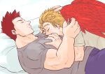  2boys between_pecs blonde_hair boku_no_hero_academia casual couple facial_hair feathered_wings grabbing grey_shirt hawks_(boku_no_hero_academia) head_between_pecs large_pectorals lying male_focus mature_male multiple_boys muscular muscular_male on_back on_person pectoral_grab pectorals red_hair red_wings sakanagi_(dc_saka) scar scar_across_eye shirt short_hair sideburns spiked_hair stubble todoroki_enji wings yaoi 