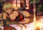  1girl absurdres bangs bed_sheet bedroom black_gloves blonde_hair blush breasts cleavage cluseller commission commissioner_upload cup dark_skin dark_skinned_female dress drinking_glass elbow_gloves fingerless_gloves fire_emblem fire_emblem:_the_binding_blade gloves highres huge_filesize igrene_(fire_emblem) large_breasts long_hair looking_at_viewer mole open_mouth red_dress skeb_commission smile solo thighhighs wine_glass yellow_eyes 