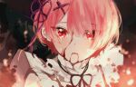 1girl annlin bangs black_background black_ribbon blood blood_from_mouth blood_on_face bloody_clothes commentary face gradient gradient_background hair_ornament hairclip looking_at_viewer neck_ribbon pink_hair portrait purple_ribbon ram_(re:zero) re:zero_kara_hajimeru_isekai_seikatsu red_eyes ribbon short_hair solo upper_body x_hair_ornament 