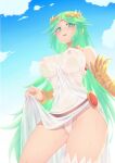  1girl absurdres blue_sky bracer breasts dress dress_lift green_hair highleg highleg_panties highres kid_icarus kid_icarus_uprising large_breasts long_hair looking_at_viewer open_mouth palutena panties single_thighhigh sky smile solo sweat thighhighs thighs tiara togin underwear very_long_hair wet wet_clothes white_panties 