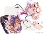  1girl black_footwear black_legwear blonde_hair blue_eyes breasts clock closed_mouth eyebrows_visible_through_hair fingernails heart holding holding_magnifying_glass hololive hololive_english hong_(white_spider) large_breasts long_hair long_sleeves looking_at_viewer magnifying_glass necktie patreon_username plaid red_neckwear shirt shoes short_hair smile solo stethoscope syringe thighhighs virtual_youtuber watson_amelia white_shirt 