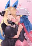  2girls absurdres beanie blonde_hair blue_hair breasts cosplay cynthia_(pokemon) dawn_(pokemon) eye_contact fur_collar gen_4_pokemon hair_over_one_eye hat heart-shaped_food highres huge_breasts leash looking_at_another lucario lucario_(cosplay) multiple_girls norza pet_play pokemon pokemon_(game) pokemon_dppt pokemon_ears red_scarf scarf shared_food smile upper_body yuri 