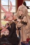  2girls :d =_= artist_name bangs black_capelet black_jacket black_pants black_ribbon blue_bow bow braid breasts bunny_hair_ornament capelet cleavage closed_eyes closed_mouth collared_shirt commentary day dragalia_lost dress english_commentary eye_contact eyebrows_visible_through_hair eyes_visible_through_hair gabriel_(dragalia_lost) grey_hair hair_bow hair_ornament hair_over_one_eye hair_ribbon hairdressing hentaki highres indoors jacket long_hair looking_at_another looking_back medium_breasts multiple_girls open_mouth pants pink_hair pinon_(dragalia_lost) ribbon shirt sitting smile very_long_hair watermark web_address white_dress white_shirt window 