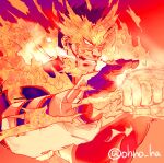  1boy beard blood blood_on_face blue_bodysuit blue_eyes bodysuit boku_no_hero_academia facial_hair fiery_hair fighting_stance fire looking_to_the_side lowres male_focus mature_male muscular muscular_male ono_(ohno_ha) red_hair scar scar_across_eye short_hair sideburns smirk solo spiked_hair todoroki_enji upper_body 