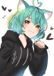  1girl ahoge animal_ear_fluff animal_ears bangs black_hoodie blush brown_hair cat_ears cat_girl clenched_hand girl_dm green_hair heart heart_hair hood hoodie indie_virtual_youtuber kgr looking_up short_hair smile solo twitter_username upper_body virtual_youtuber white_background 