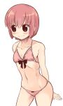  1girl bikini blush boa_(brianoa) closed_mouth colorized flat_chest highres nichijou pink_hair short_hair simple_background solo swimsuit tachibana_misato transparent_background 