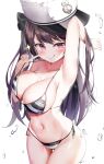  1girl :q absurdres arm_behind_head arm_up armpits azur_lane bikini black_ribbon blush breasts brown_hair cleavage cowboy_shot duplicate finger_to_cheek groin hair_ribbon hand_up hat highres large_breasts long_hair looking_at_viewer naughty_face navel pamiat_merkuria_(azur_lane) pink_eyes pointing pointing_at_self purple_eyes ribbon side-tie_bikini side_ponytail simple_background smile sog-igeobughae solo string_pull striped striped_bikini swimsuit thigh_gap tongue tongue_out undersized_clothes very_long_hair white_background white_headwear 