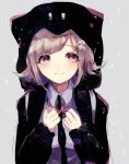  1girl backpack bag bangs black_jacket blush brown_hair clenched_hands collared_shirt commentary_request danganronpa_(series) danganronpa_2:_goodbye_despair eyebrows_visible_through_hair flipped_hair grey_background grey_shirt hair_ornament hands_up hood jacket looking_at_viewer momongapoketto nanami_chiaki neck_ribbon pentagram pink_eyes pink_hair pink_ribbon ribbon shirt short_hair sketch smile solo space_print star_(symbol) star_in_eye starry_sky_print symbol_in_eye upper_body 