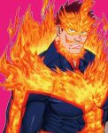  1boy bara beard blue_bodysuit blue_eyes bodysuit boku_no_hero_academia close-up covered_abs facial_hair fiery_hair fire frown large_pectorals looking_at_viewer male_focus mature_male muscular muscular_male ono_(ohno_ha) pink_background portrait red_hair scar scar_across_eye short_hair sideburns solo spiked_hair todoroki_enji 