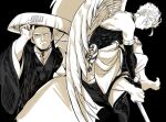  2boys alternate_costume bare_shoulders black_kimono boku_no_hero_academia costume_request facial_hair feathered_wings from_side greyscale hawks_(boku_no_hero_academia) headwear_request japanese_clothes kimono looking_at_viewer male_focus mature_male monochrome mu2_mu2_mu2 multiple_boys scar scar_across_eye short_hair sideburns smug spiked_hair stubble todoroki_enji upper_body wings 