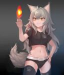  1girl :3 animal_ears black_legwear black_panties crop_top echidna_wars_dx fang fang_out fire grey_hair hand_on_hip highres long_hair midriff myomu navel panties paw_print sachiho stomach tail thighhighs underwear wolf_ears wolf_tail 