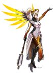  1girl absurdres armor artist_name bangs blue_eyes breasts daniel_deng energy_wings english_commentary floating full_body gloves grey_gloves highres holding holding_staff leg_up looking_ahead medium_breasts mercy_(overwatch) open_hand overwatch ponytail solo staff tied_hair white_background white_hair 