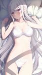  1girl bangs bare_arms bare_shoulders bed_sheet blush bra breasts cleavage closed_mouth collarbone commentary_request echiru39 elf emilia_(re:zero) eyebrows_visible_through_hair frown highres long_hair looking_at_viewer lying medium_breasts navel on_back on_bed panties pillow pillow_grab pointy_ears purple_eyes re:zero_kara_hajimeru_isekai_seikatsu silver_hair solo stomach swept_bangs thigh_gap underwear underwear_only very_long_hair white_bra white_panties window_shade 