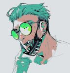  1boy apex_legends aqua_gloves aqua_hair english_commentary gloves hair_behind_ear head_only highres looking_to_the_side male_focus mask mask_pull missing_teeth mouth_mask octane_(apex_legends) open_mouth round_eyewear sarah_stone sharp_teeth sketch solo sunglasses teeth undercut 
