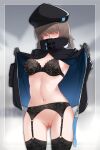  1girl absurdres arknights ass_visible_through_thighs black_bra black_gloves black_headwear black_jacket black_legwear blurry blurry_background blush bottomless bra breasts brown_hair cowboy_shot depth_of_field facing_viewer garter_belt gloves grey_background hair_over_eyes high_collar highres jacket lace-trimmed_bra lace_trim long_hair long_sleeves medium_breasts navel open_clothes open_jacket pussy reserve_operator_(arknights) skindentation solo stomach thighhighs uncensored underwear undressing unzipped z.taiga 