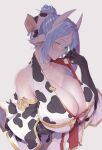  1girl animal_ears animal_print bangs bare_shoulders black_gloves blue_hair blush breasts cleavage cleavage_reach collarbone cow_ears cow_horns cow_print detached_sleeves draph elbow_gloves glasses gloves granblue_fantasy hair_bun horns ion_(cation) large_breasts long_hair looking_at_viewer parted_bangs shatola&#039;s_mother_(granblue_fantasy) white-framed_eyewear wide_sleeves yellow_eyes 