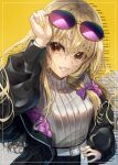  1girl akane_hazuki belt blonde_hair bracelet braid clenched_teeth eyebrows_visible_through_hair glasses hair_ribbon hand_on_hip highres jacket jewelry kirisame_marisa long_hair looking_at_viewer nail_polish ribbon side_braid simple_background single_braid smile sunglasses sweater teeth touhou yellow_eyes 