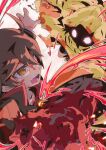  absurdres araragi_koyomi bakemonogatari black_hair blood blood_on_face dark_persona fighting glowing glowing_eyes highres hood monkey monkey_arm monogatari_(series) mutsuki_riichi raincoat rainy_devil yellow_eyes 