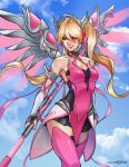  1girl absurdres bangs black_skirt blonde_hair blue_eyes boots breasts cleavage cloud daniel_deng elbow_gloves energy_wings english_commentary fingerless_gloves flying gloves hair_between_eyes highres looking_down medium_breasts mercy_(overwatch) overwatch pink_mercy science_fiction signature skirt sky solo thigh_boots thighhighs twintails 