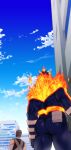  2boys ass ass_focus back bara beard blue_bodysuit bodysuit boku_no_hero_academia bulge cloud cloudy_sky facial_hair fiery_hair fire from_behind latex_bodysuit looking_up male_focus mature_male multiple_boys muscular muscular_male onima_(boku_no_hero_academia) ono_(ohno_ha) red_hair short_hair sky solo_focus spiked_hair thick_thighs thighs todoroki_enji 