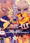  2boys antenna_hair bara beard blonde_hair blue_bodysuit blue_eyes bodysuit boku_no_hero_academia character_doll couple cover cover_page doujin_cover eye_contact facial_hair feet_out_of_frame fiery_hair fire food from_side ice_cream large_pectorals looking_at_another male_focus mature_male multiple_boys muscular muscular_male ono_(ohno_ha) profile red_hair repost_notice sharing_food short_hair sideburns sitting spiked_hair thick_thighs thighs todoroki_enji yaoi 